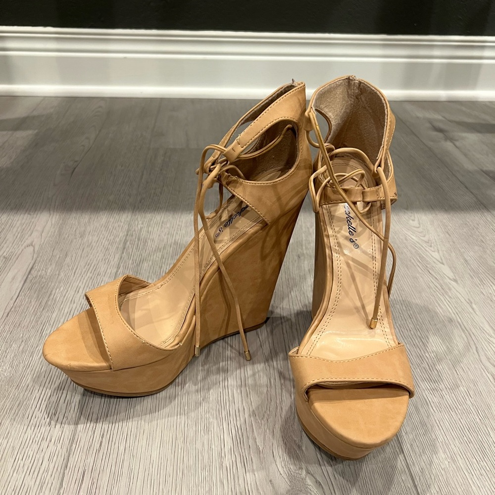 Tan wedges with lace up front